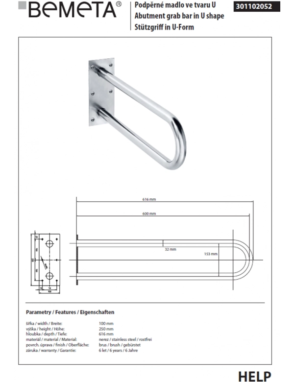 Maniglione di sollevamento a forma di U HELP 600 in acciaio satinato 61x25x10cm