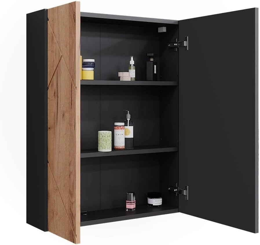 Mobile a specchio per bagno Irma, Antracite/quercia dorata, 60 x 75 cm, per montaggio a parete con superficie a specchio integrata