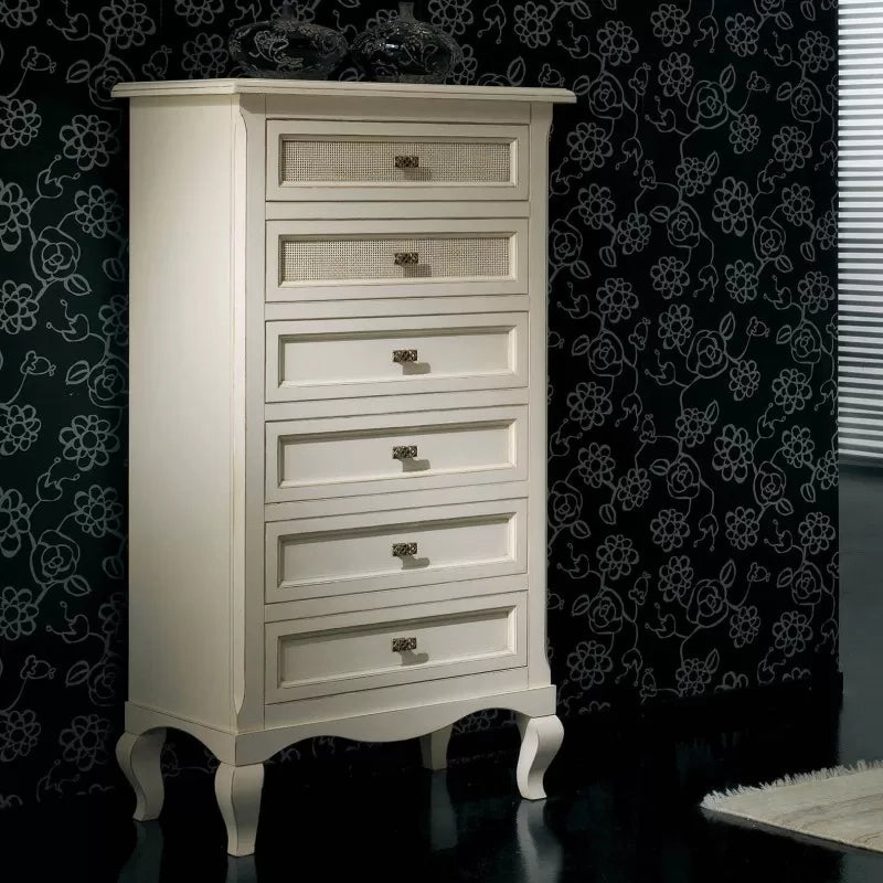 Cassettiera 6 cassetti paglia di vienna legno shabby bianco invecchiato 69x43x131 - Mobili 2G