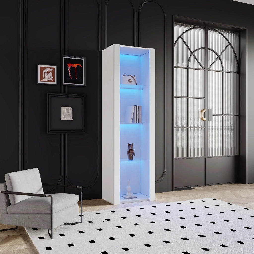 Vetrina con LED da app e 3 ripiani in vetro, finitura bianca lucida, per soggiorno e ufficio, 55 × 38 × 166 cm