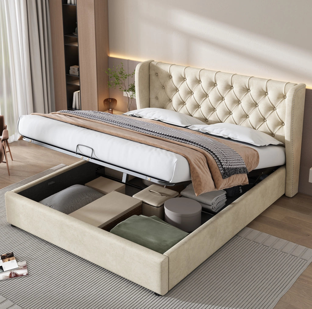 Letto matrimoniale Chesterfield con contenitore 180x200 cm beige