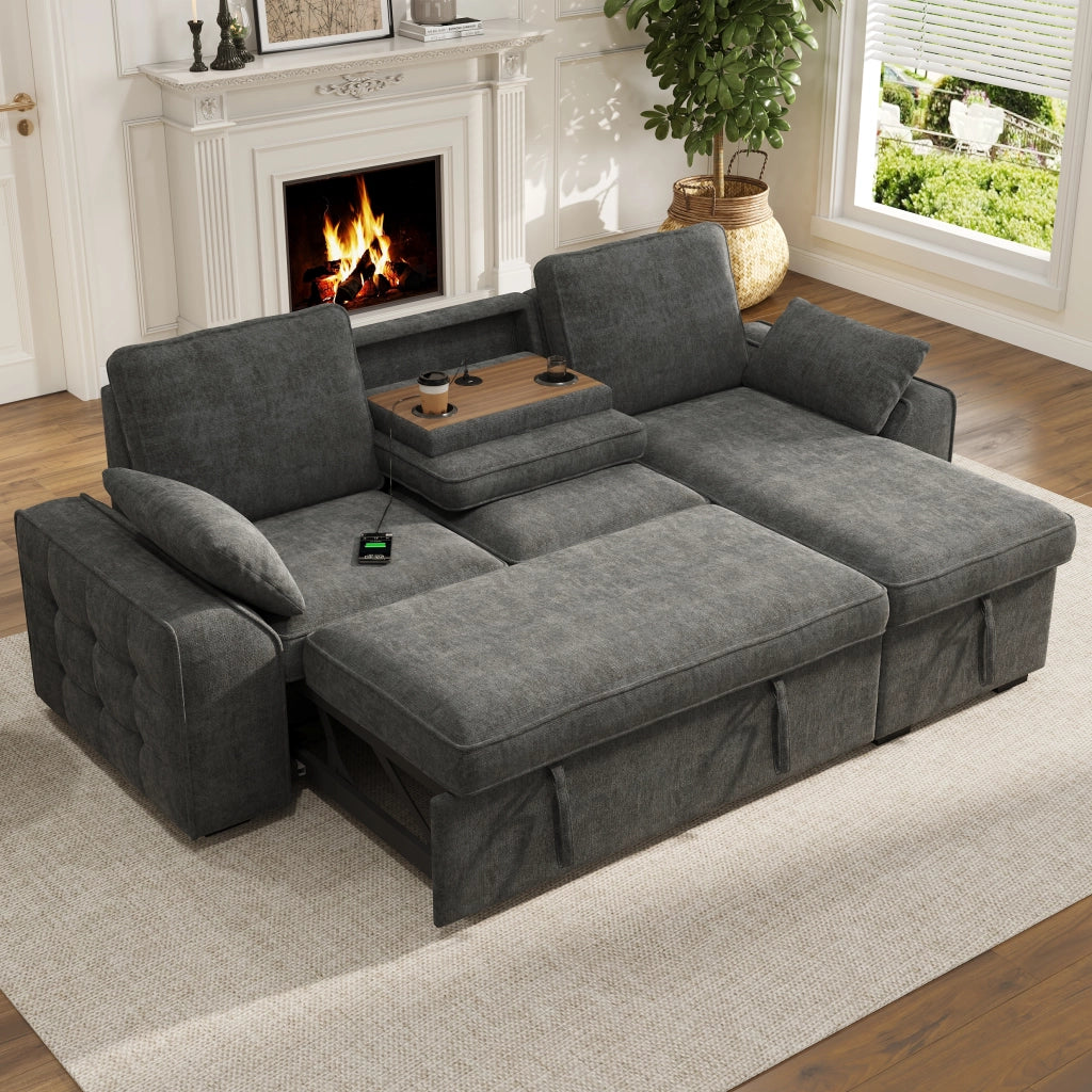 Divano angolare convertibile 3 posti con contenitore; funzione letto e USB in chenille grigio 237×141×86 cm