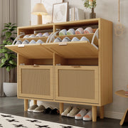 Scarpiera con 4 ante ribaltabili in stile rattan, mobile salvaspazio per ingresso con struttura in truciolare effetto rovere, 100 x 25 x 90 cm