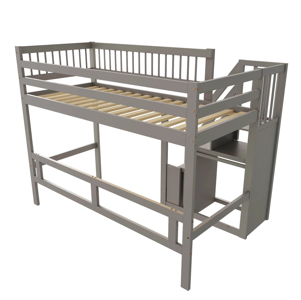 Letto alto singolo 90 x 200 cm in legno grigio con scala contenitore