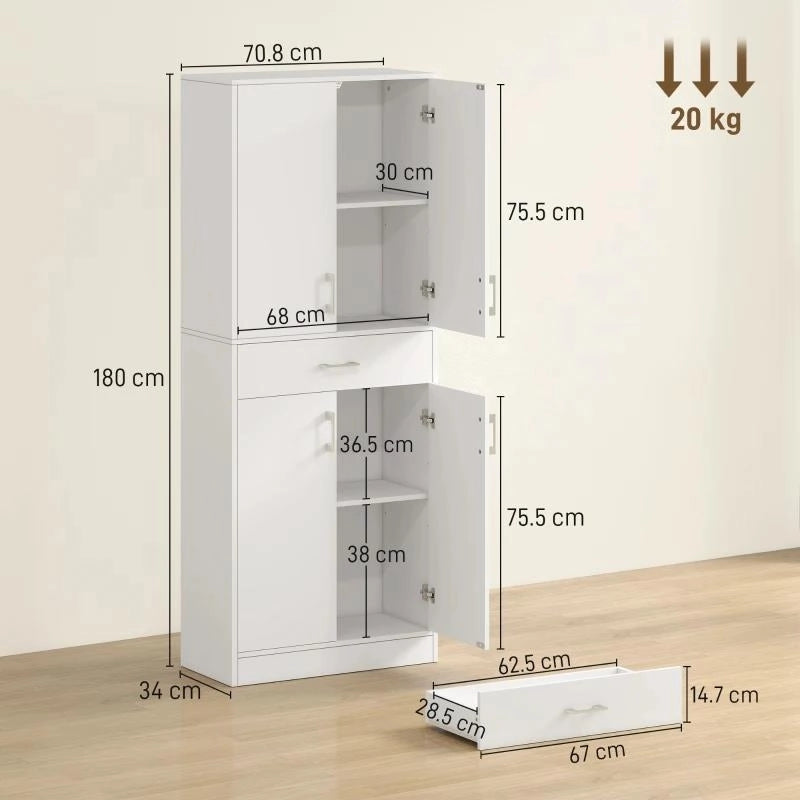 CREDENZA CUCINA ALTA CON 2 ARMADIETTI E UN CASSETTO CENTRALE, RIPIANI REGOLABILI E 4 ANTE TOTALI, BIANCO