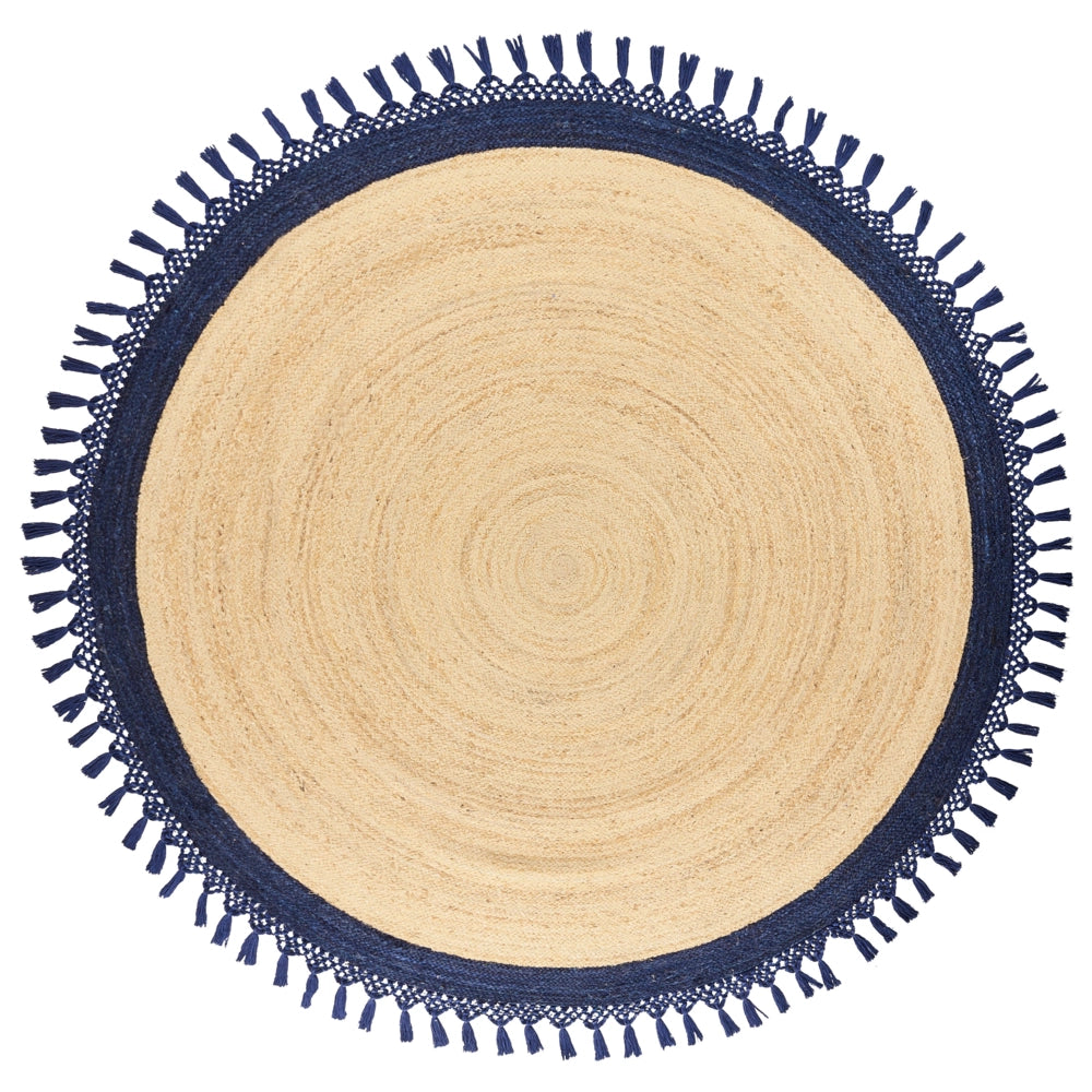 Tappeto Beige e Blu Scuro Rotondo 200 cm Boho Rustico Spirale Intrecciato Fatto a mano Juta Naturale Camera da letto Soggiorno