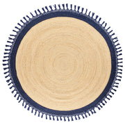 Tappeto Beige e Blu Scuro Rotondo 200 cm Boho Rustico Spirale Intrecciato Fatto a mano Juta Naturale Camera da letto Soggiorno
