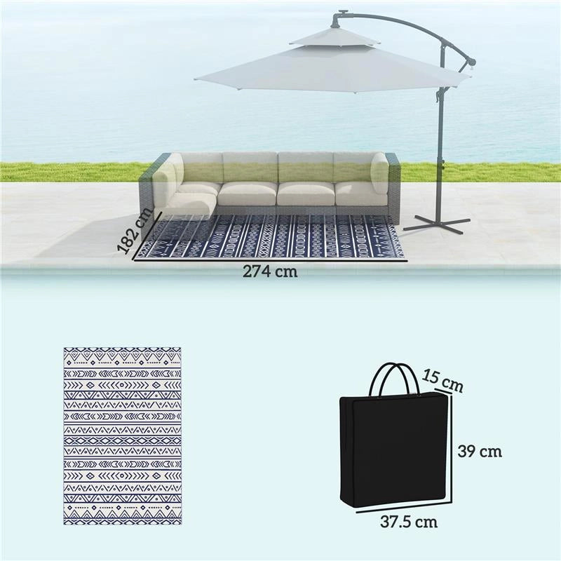 TAPPETO DA ESTERNO REVERSIBILE STILE GEOMETRICO CON BORSA DI TRASPORTO 182X274 CM BLU E BIANCO