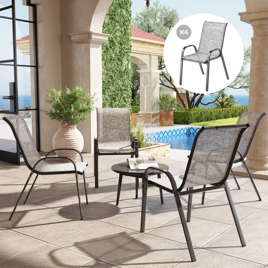 Set 4 Sedie da Giardino Impilabili con Braccioli Curvi, in Acciaio e Tessuto Traspirante, 54x71x93 cm, Grigio