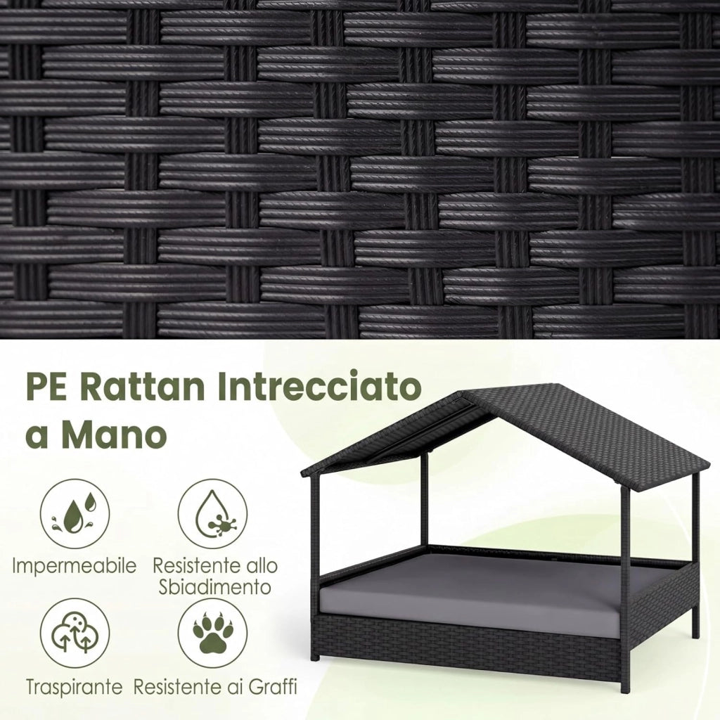 Casetta per Cani da Esterno e Interno, Letto Rialzato in Rattan con Struttura in Metallo, Tetto Impermeabile e Cuscino Rimovibile, per Cani di Taglia Piccola e Media fino a 60 KG (Grigio)