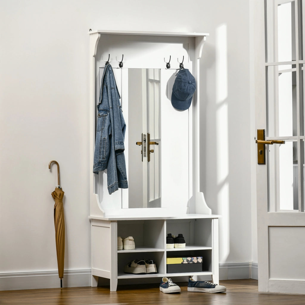 Appendiabiti Attaccapanni da Terra con Specchio Scarpiera 4 Ganci Legno 80x40x170cm Bianco