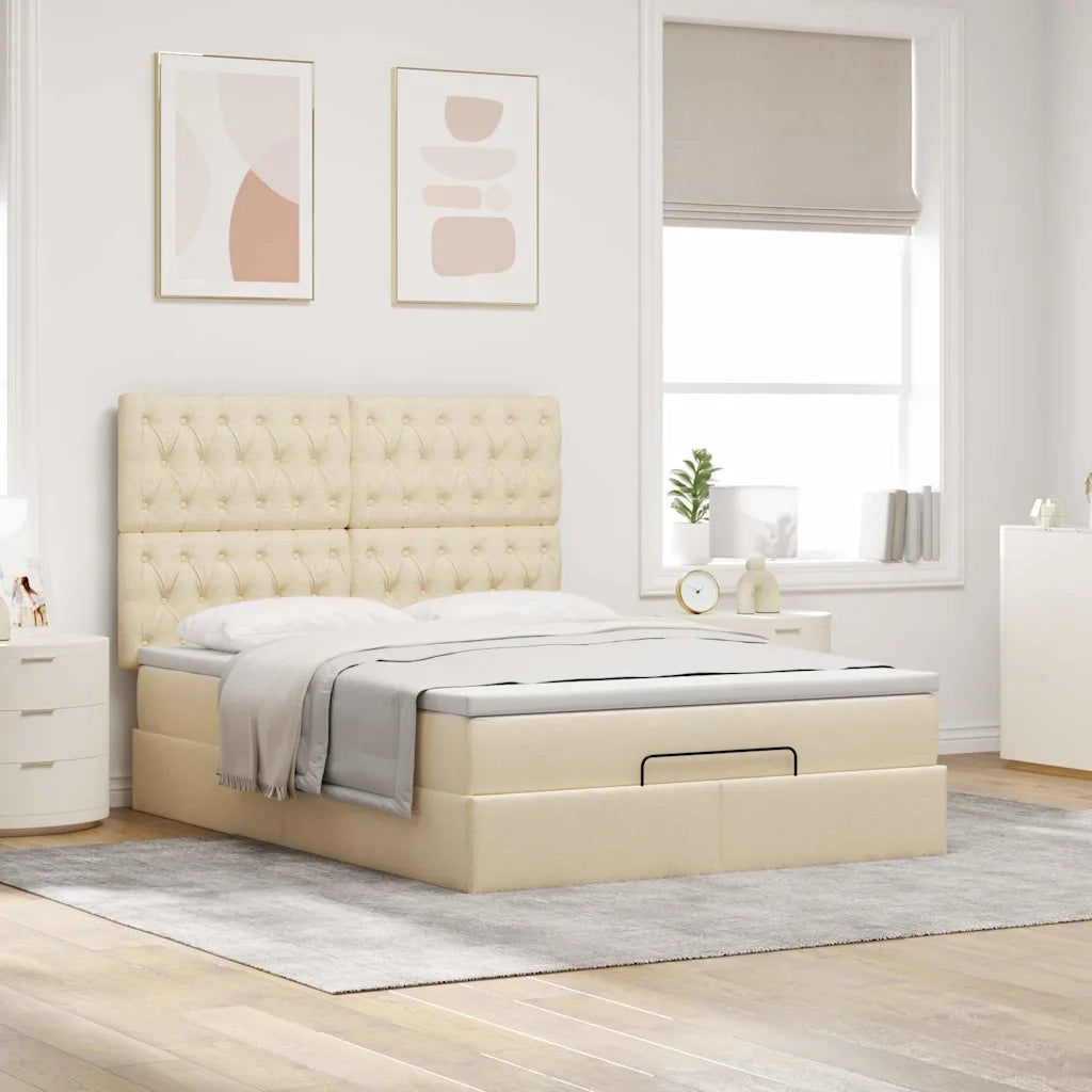 Struttura Letto Pouf con Materasso Crema 140x200 cm in Tessuto 3314098