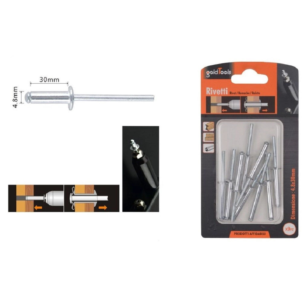 Trade Shop - Set 9 Pz Rivetti Rivetto 4.8x30mm Accessori Bricolage Ferramenta Fai Da Te 90826 -