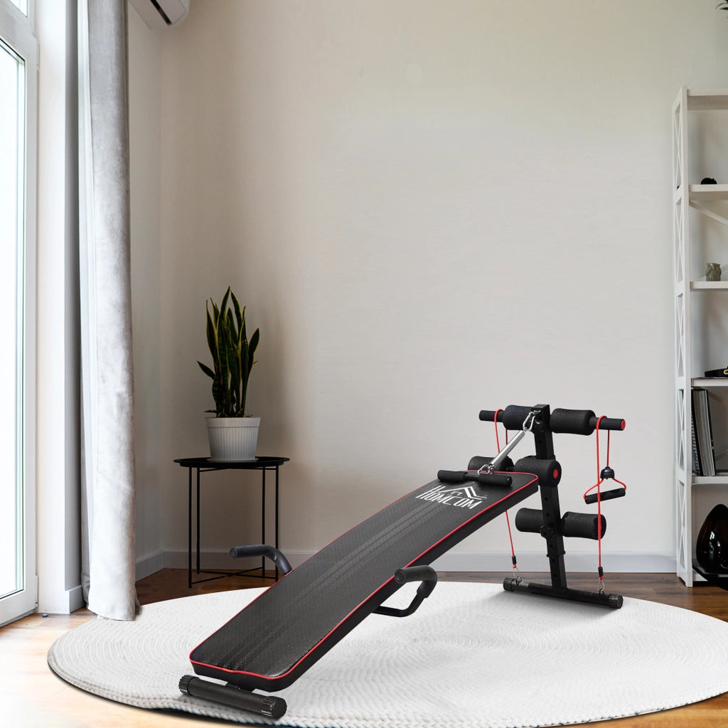 Panca Multifunzione con Vogatore a Molla e Schienale Regolabile e 2 Corde Elastiche, 55.5x137.5 cm Nero