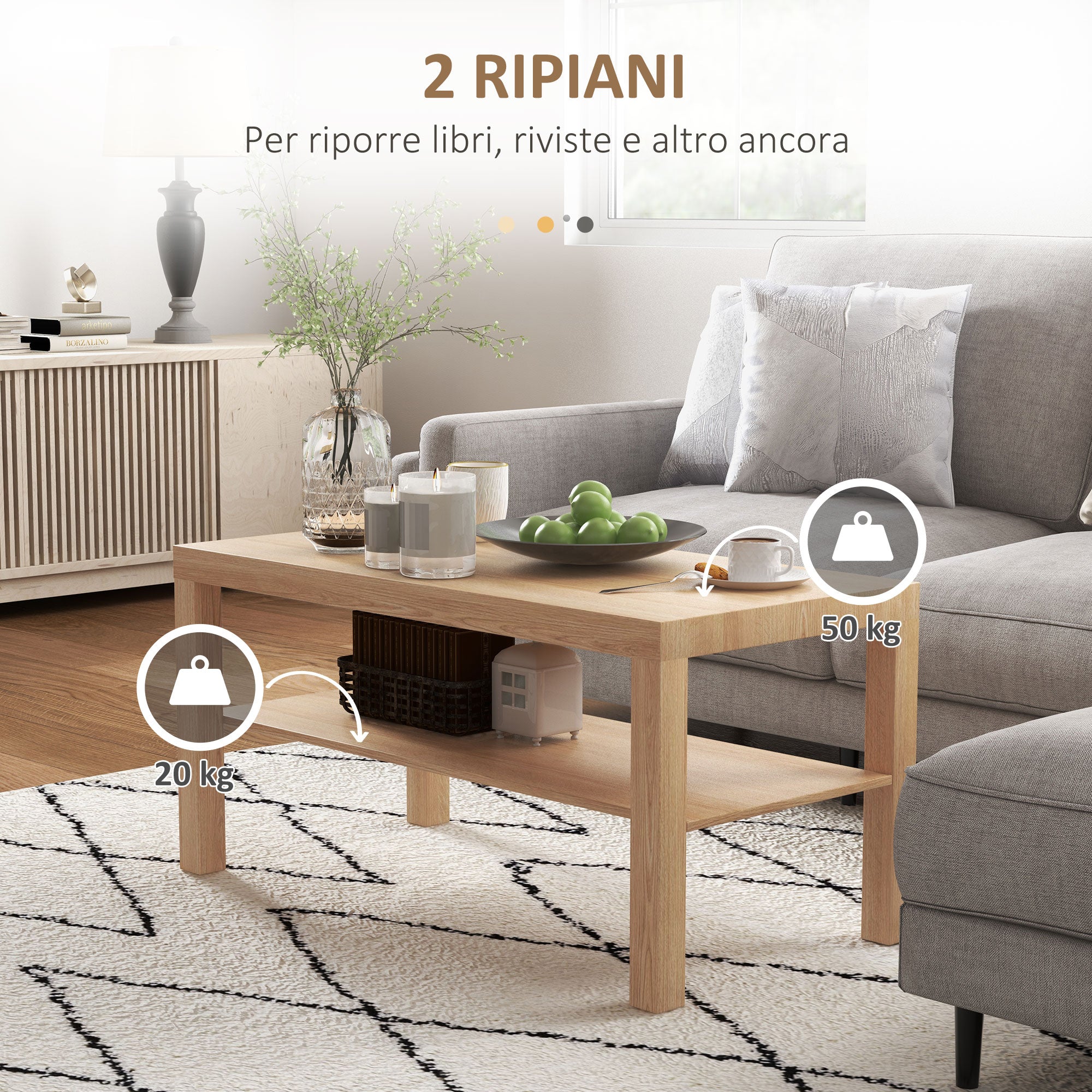 Tavolino da Salotto Rettangolare 90x45x44,5 cm Ampio Ripiano in MDF Laminato Color Legno