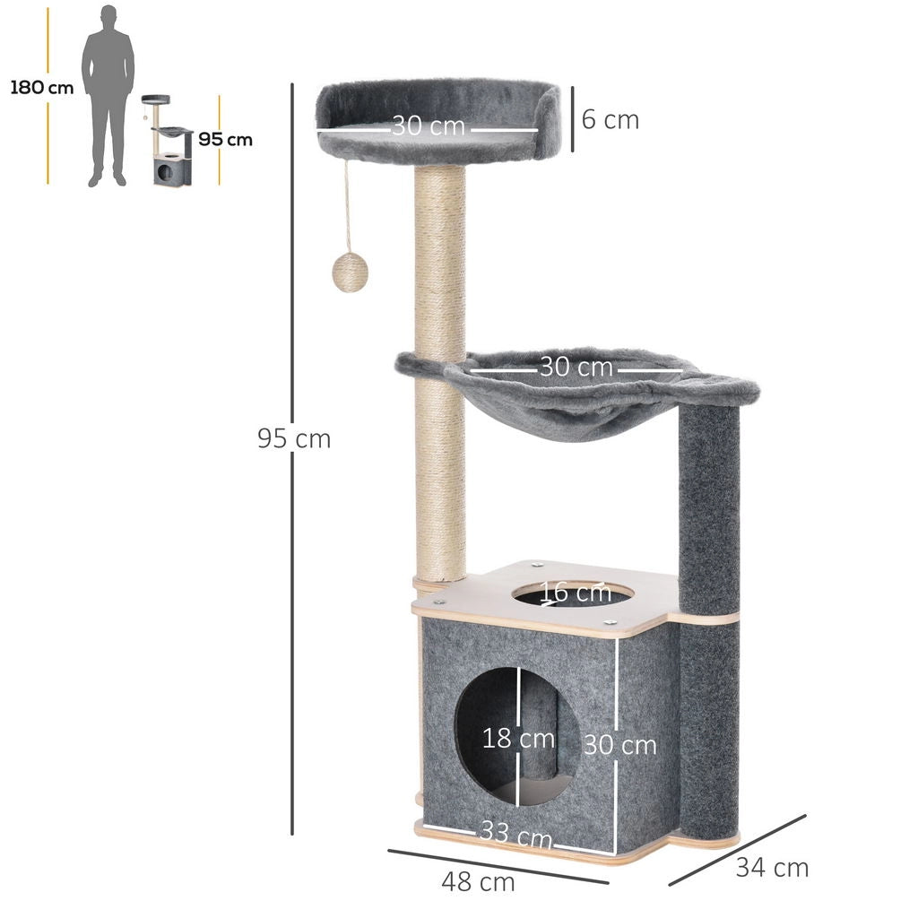 ALBERO TIRAGRAFFI MULTILIVELLO PALESTRA PER GATTI CON CASETTA, AMACA, CUCCIA E CORDE IN SISAL, 48X34X95CM, GRIGIO