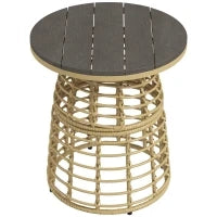 Tavolino da Giardino Rotondo in Resina Effetto Rattan, Metallo e Piano Composito, Ø45 x 50H cm,  Legno naturale