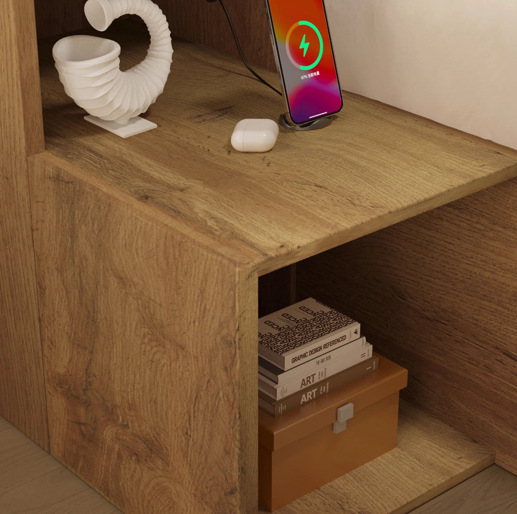 Letto matrimoniale 160x200 cm effetto rovere con contenitore, LED, USB e comodini