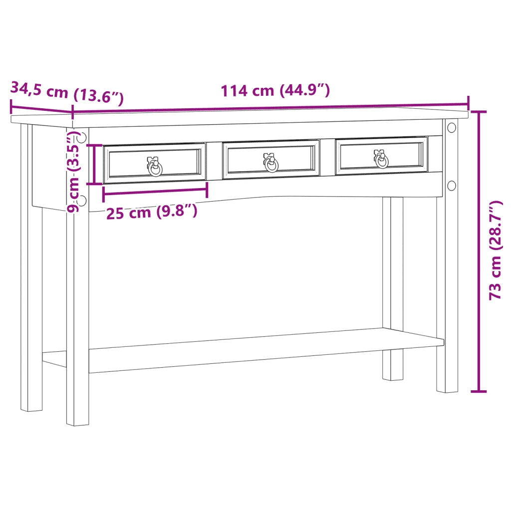 Tavolino Consolle Corona 114x34,5x73 cm Legno Massello di Pino
