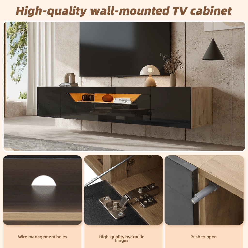 Mobile porta TV sospeso con LED e 3 vani in pannello truciolare beige e nero 180 × 37 × 36 cm