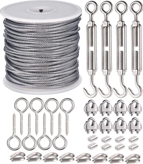 37 pezzi di cavo di acciaio 2 mm filo di acciaio inossidabile spazzolato, 30 m cavo di acciaio rivestito con occhielli set per la tiratura della corda, per l'appeso delle luci, la linea da asciugare, la corda delle tende, le piante grasse.