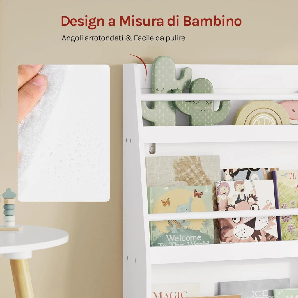 Libreria Montessoriana per Bambini, Scaffale Porta Libri e Giocattoli a 3 Ripiani, Organizzatore per Cameretta dei Bimbi, in MDF e Legno di Pino, Bianco