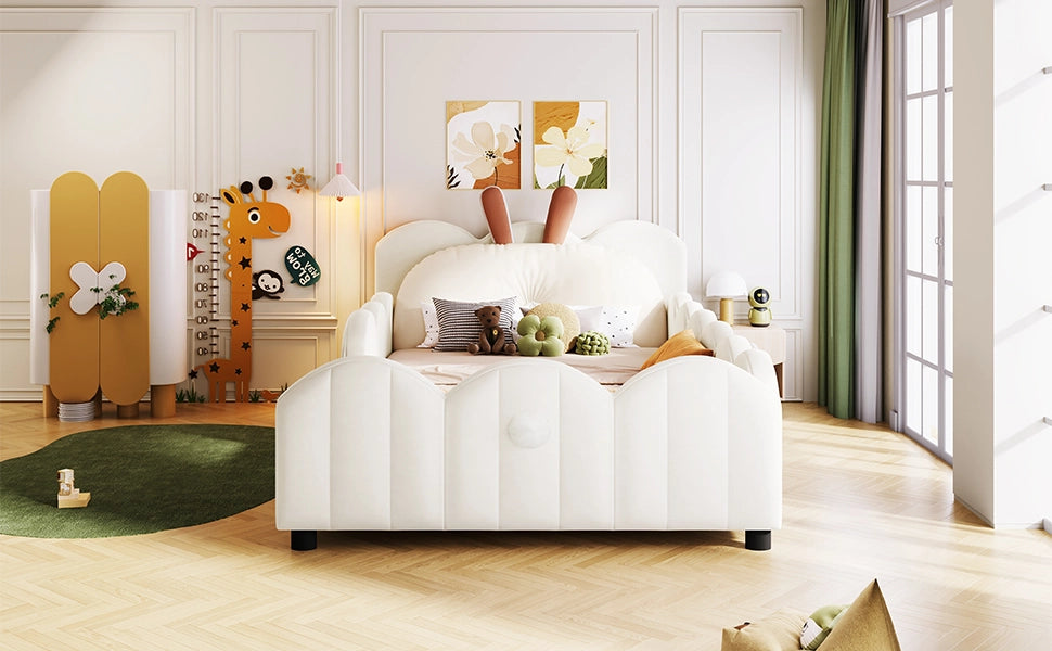 DESMIU Letto Bambini 1 Piazza con Sponde, Testiera Imbottita e Cuscino Coniglio 90 × 200 cm, Senza Materasso
