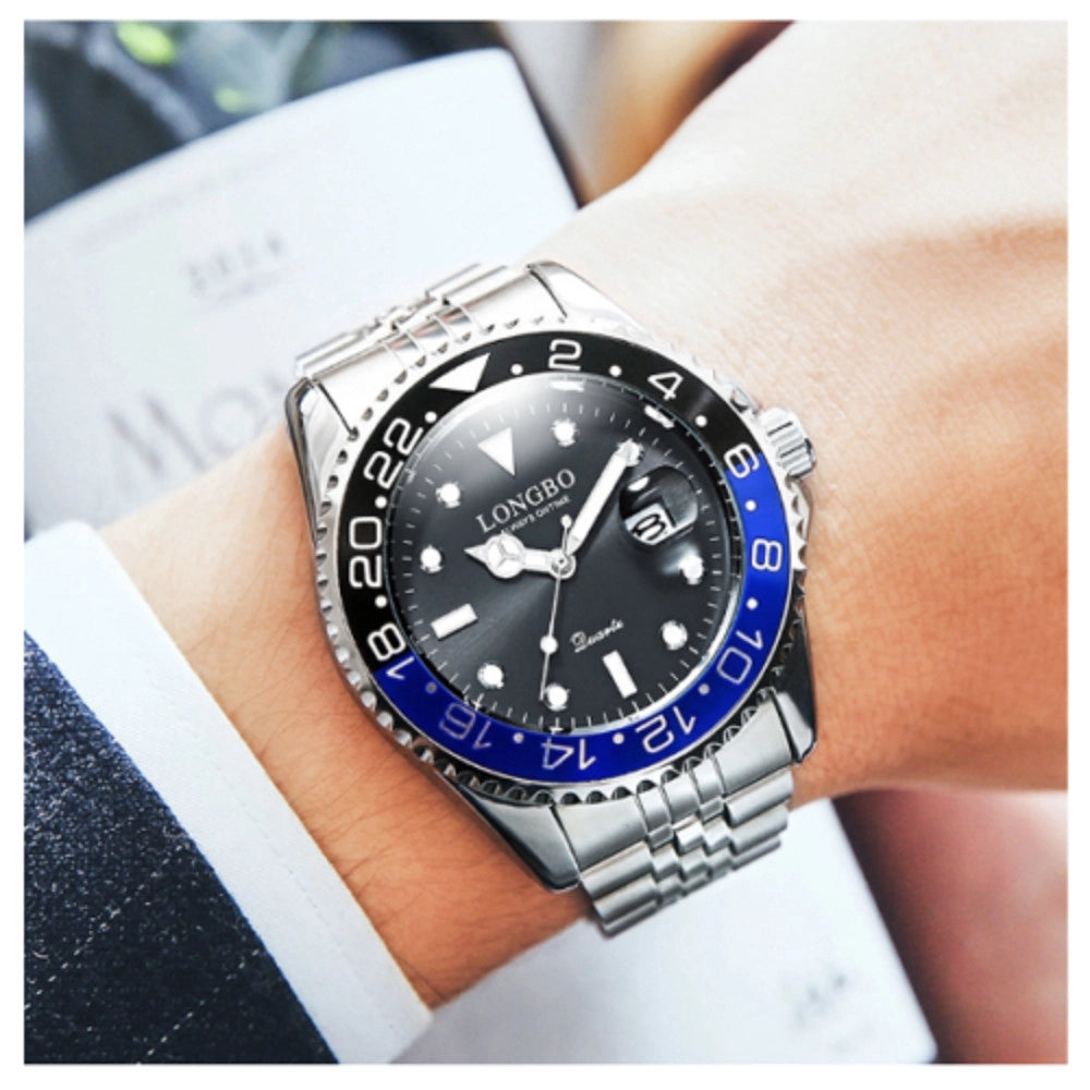 Trade Shop - Orologio Polso Uomo Acciaio Quarzo Silver Blu Nero Nautica Mare Longbo Subacqueo -