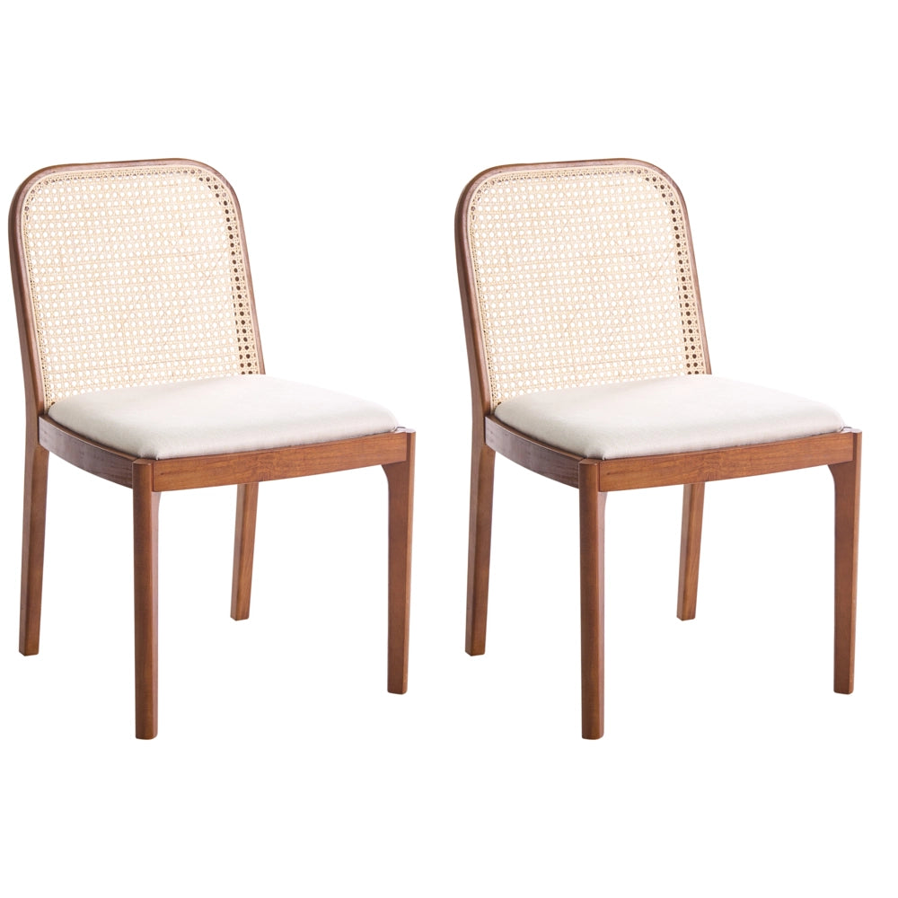 Set di 2 Sedie da pranzo in rattan a treccia viennese Schienale in poliestere Seduta in gomma Telaio in legno senza braccioli Marrone chiaro e beige chiaro