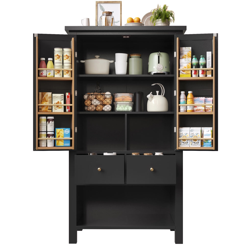 Credenza da cucina 80x40x140 cm con 5 cassetti e doppia anta, mobile multiuso nero