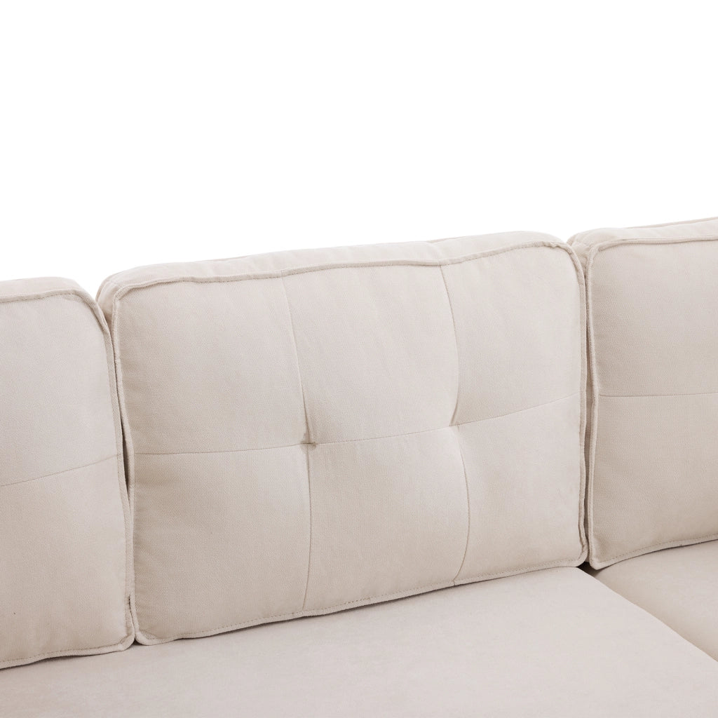 Divano Angolare Letto 3 Posti con Contenitore, Chaise Longue Reversibile, Portabicchieri, in Cotone Lino Beige