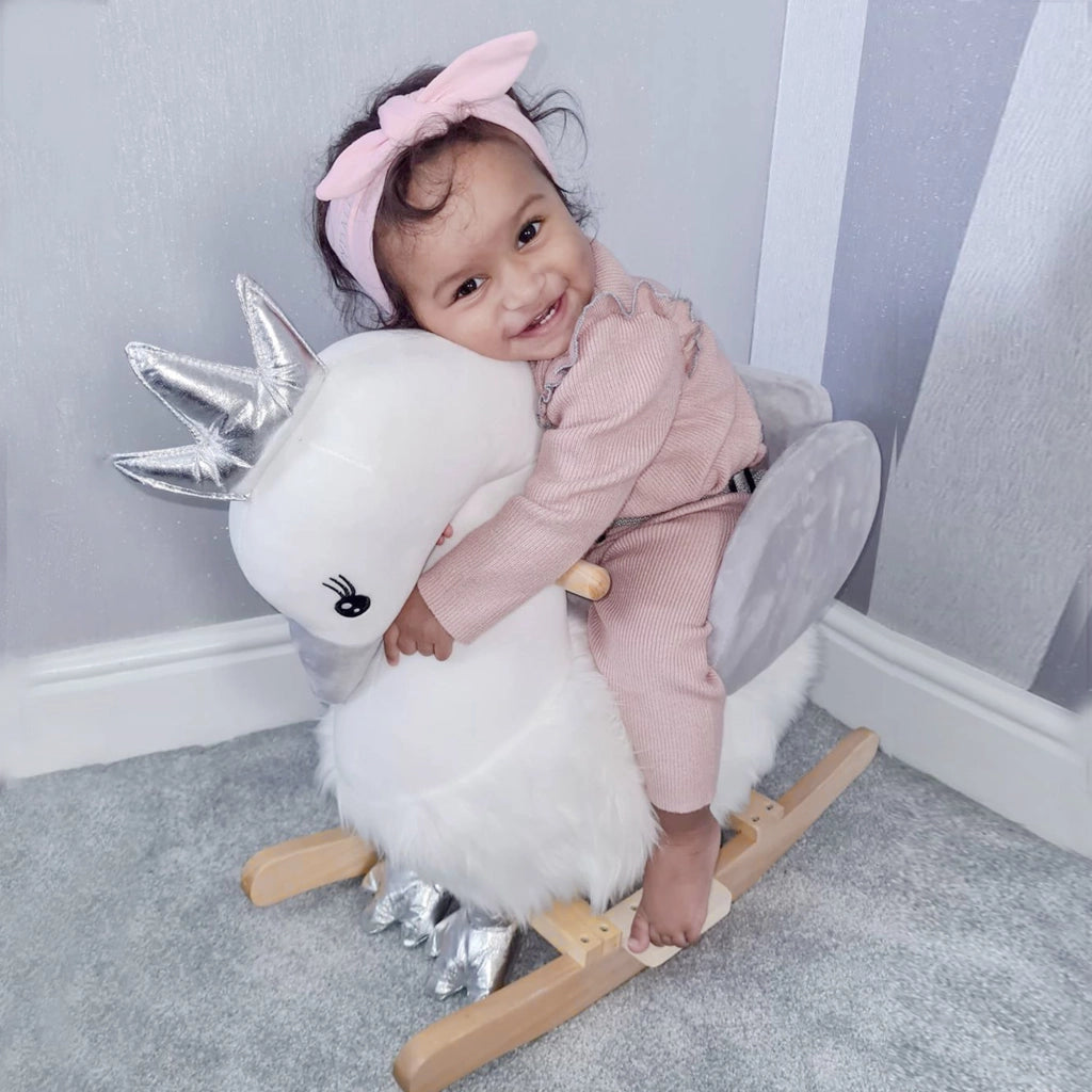 Cigno a Dondolo per Bambini ¨C zephmum ¨C Bianco e Grigio in Legno e Peluche