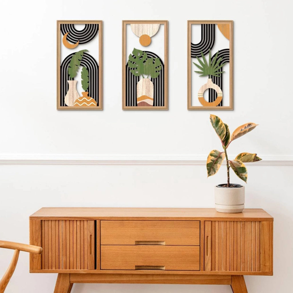 Set di 3 decorazioni da parete in legno boho con foglie