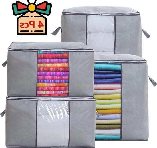 Set di contenitori grandi capacità da 4 contenitori non tessuti con chiusura a doppio rilievo e maniglie, adatti per coperte, abiti, copriletto, magliette e cuscini.