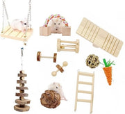 Set di gioco in legno per 11 pezzi - Giocattoli da mordere per Hamster/Gerbil/Cavia - Giocattoli per Ratto e accessori di gabbia Inclusi pallone, altalena e giocattoli appesi