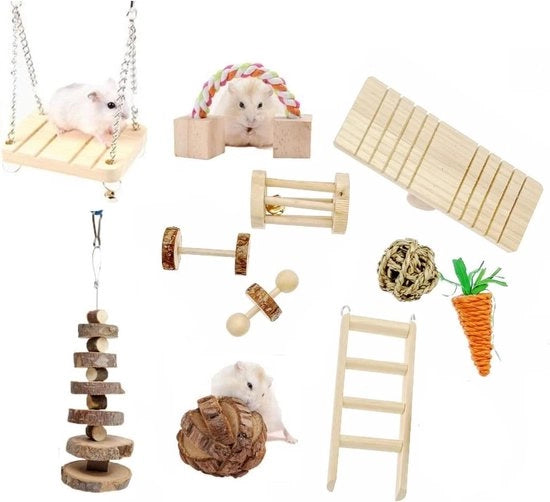 Set di gioco in legno per 11 pezzi - Giocattoli da mordere per Hamster/Gerbil/Cavia - Giocattoli per Ratto e accessori di gabbia Inclusi pallone, altalena e giocattoli appesi