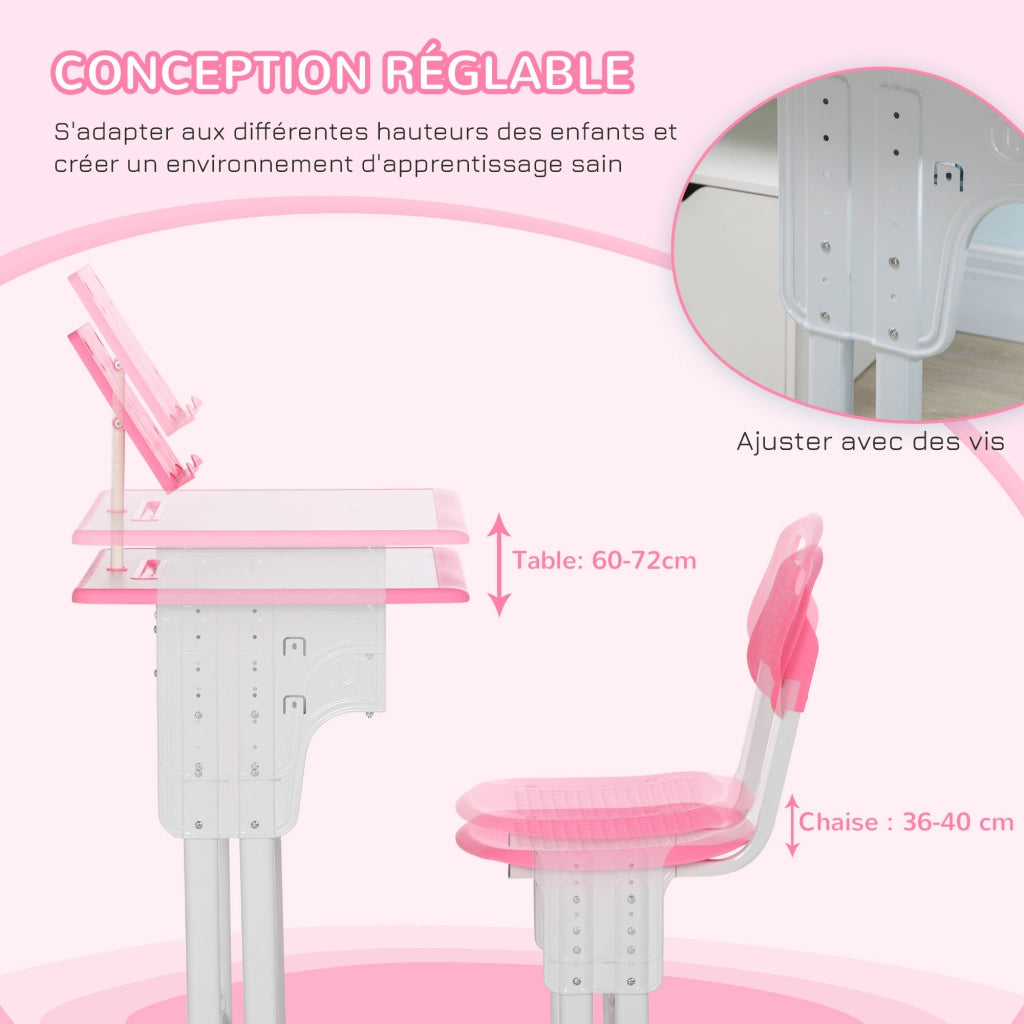 Scrivania per bambini con sedia e ripiani ¨C zephmum ¨C rosa 60x45x90-102 cm