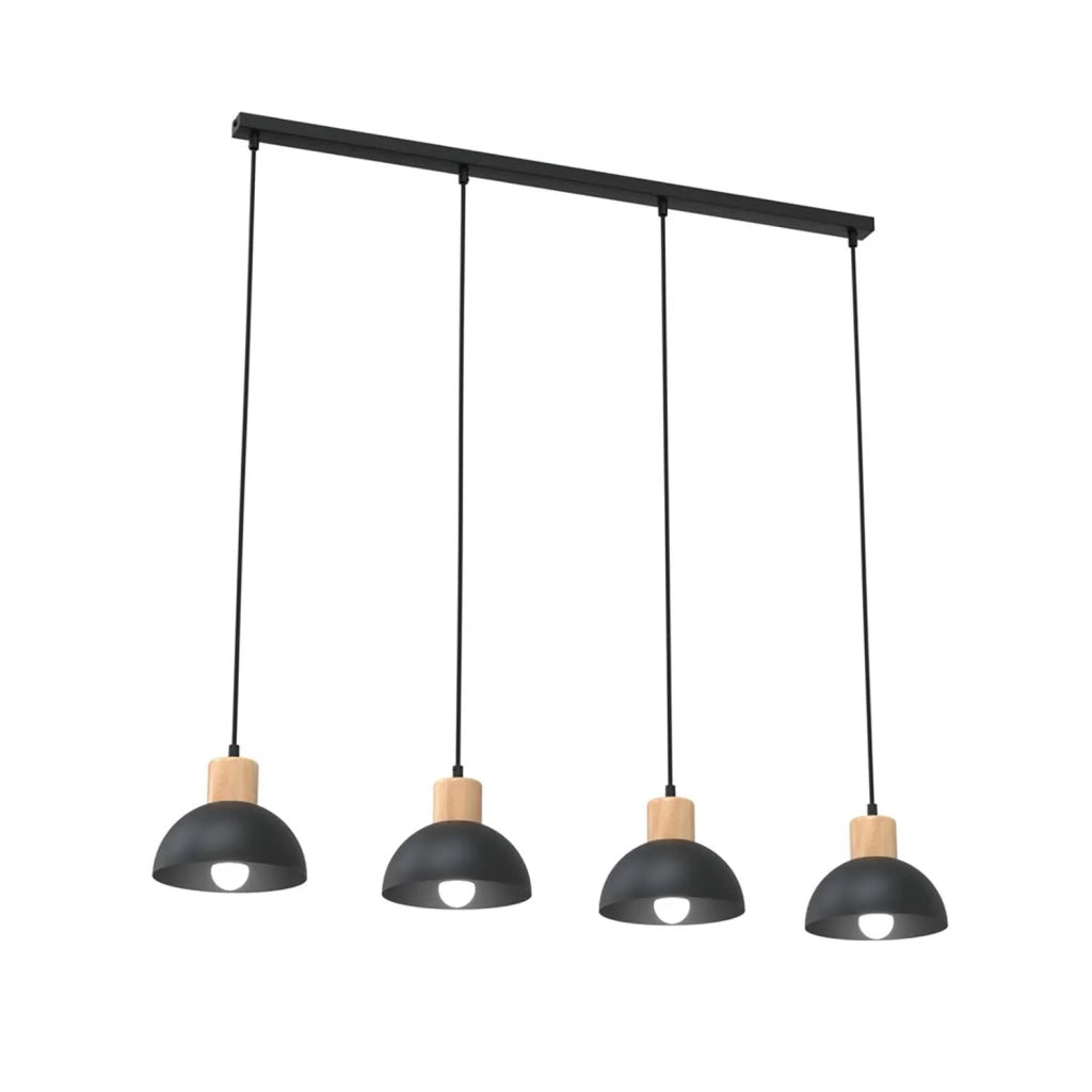 Sospensione Nordica 4 Luci Thoth In Acciaio Nero A Cupola E Legno Naturale