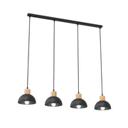 Sospensione Nordica 4 Luci Thoth In Acciaio Nero A Cupola E Legno Naturale