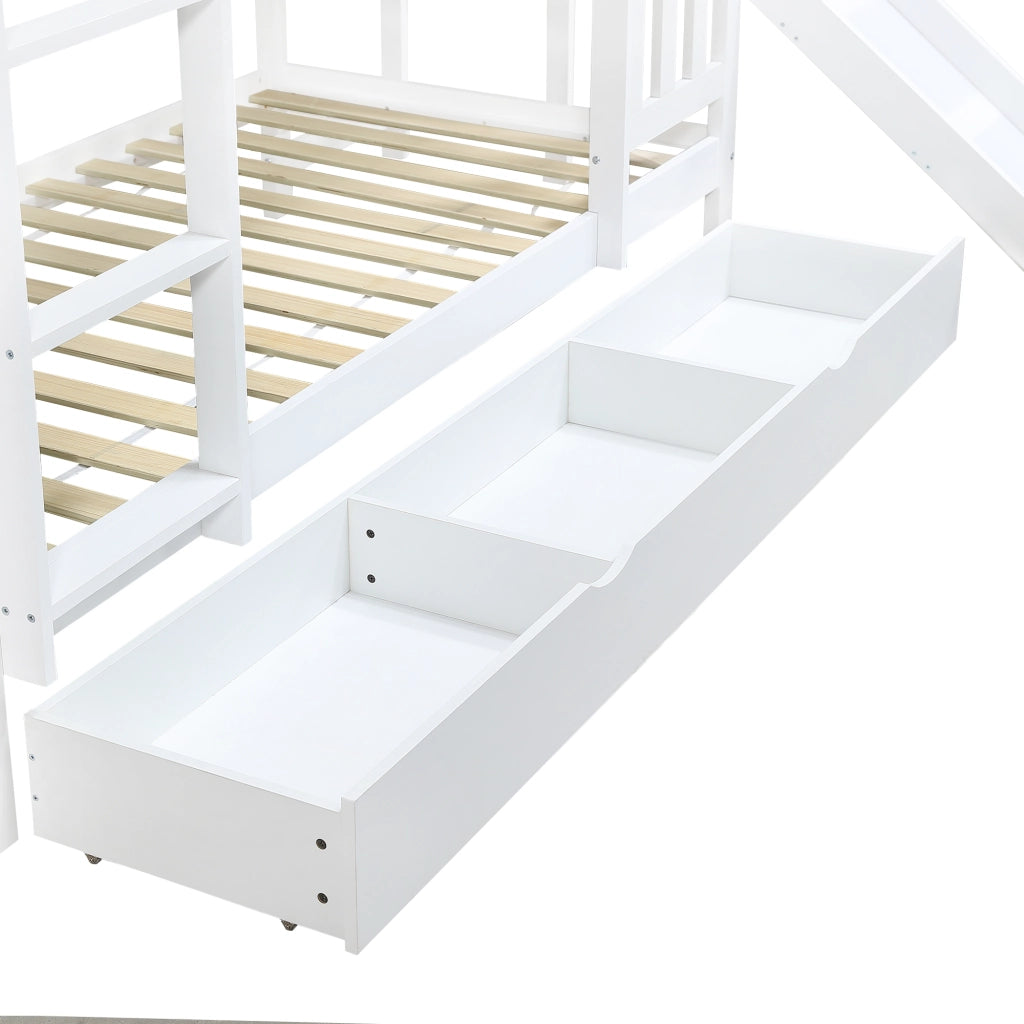 Letto a castello per bambini 90 × 200 cm con grande cassetto con ruote, scivolo, senza materasso, bianco
