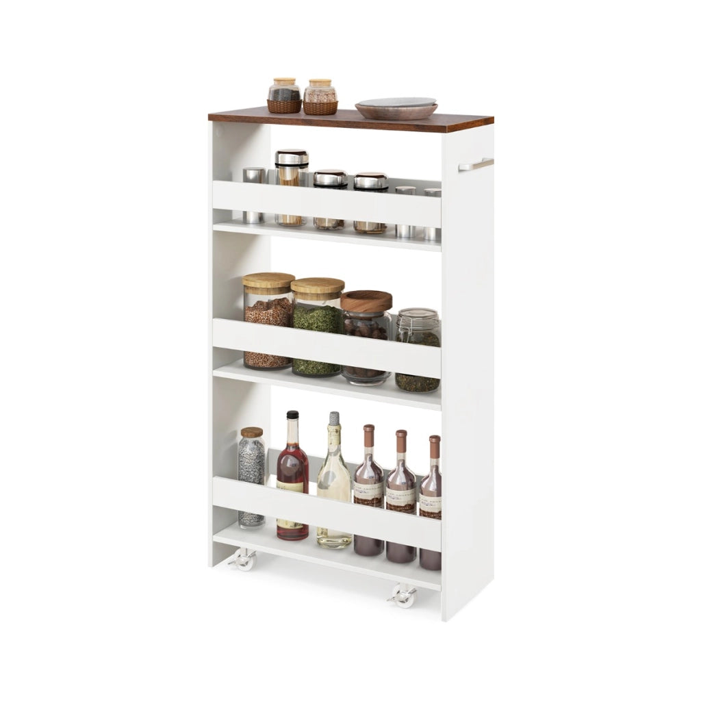 Carrello sottile da 20cm con ruote e ripiani aperti-Carrello utilitario estraibile da cucina a 4 ripiani Bianco