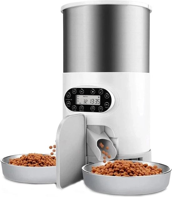 Dispensatore automatico per animali - 2 contenitori - Capacità 4,5L - Con App e Camera - Rilevamento vocale - Bianco / Acciaio inossidabile