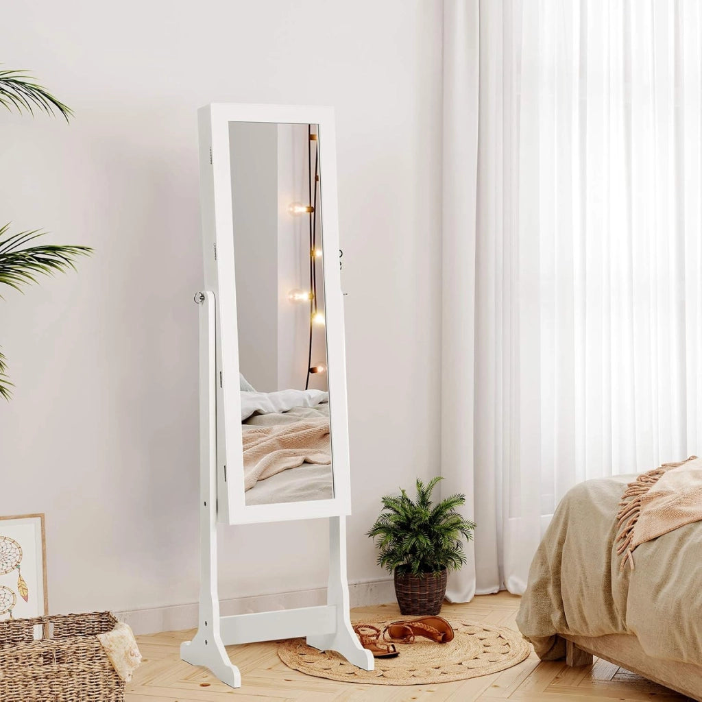 SONGMICS Armadio Portagioie con Luce a LED, Specchiera, Armadietto per Gioielli Bloccabile con Chiavi, 2 Cassetti, Bianco JBC94W