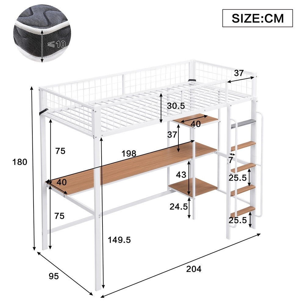 Letto a Castello con Tavolo e Scaffali ¨C MINIMAL ¨C Ferro e MDF, Bianco e Naturale, 90x200