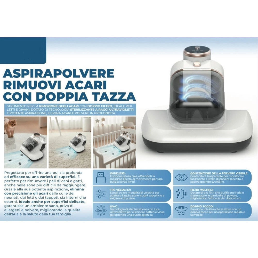 Trade Shop - Aspirapolvere Senza Fili Portatile Rimuovi Acari Con Dopρρια Tazza 3 Velocità Tecnologia Uv-c -