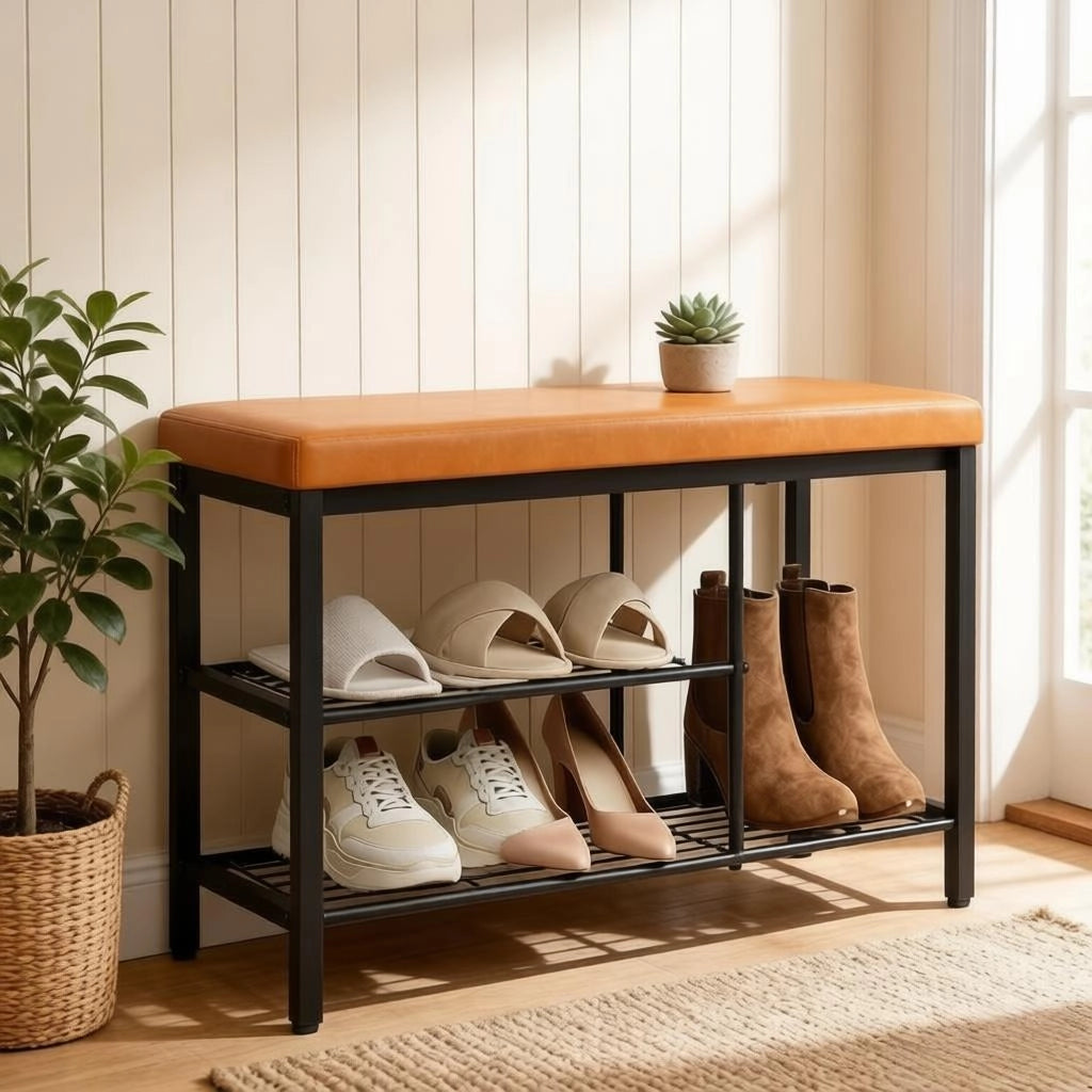 Scarpiera con seduta e 3 scomparti aperti in similpelle con struttura in metallo nero marrone 80 × 30 × 50 cm