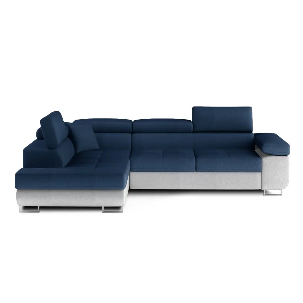 Divano angolare trasformabile MENTON blu oceano e bianco bouclé – Angolo sinistro con vano contenitore