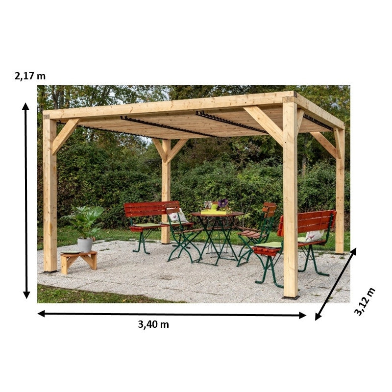 Pergola da giardino in legno lamellare 340x312 cm – gazebo con tetto a ventelle orientabili – pali 120x120 mm – VT3431T Foresta