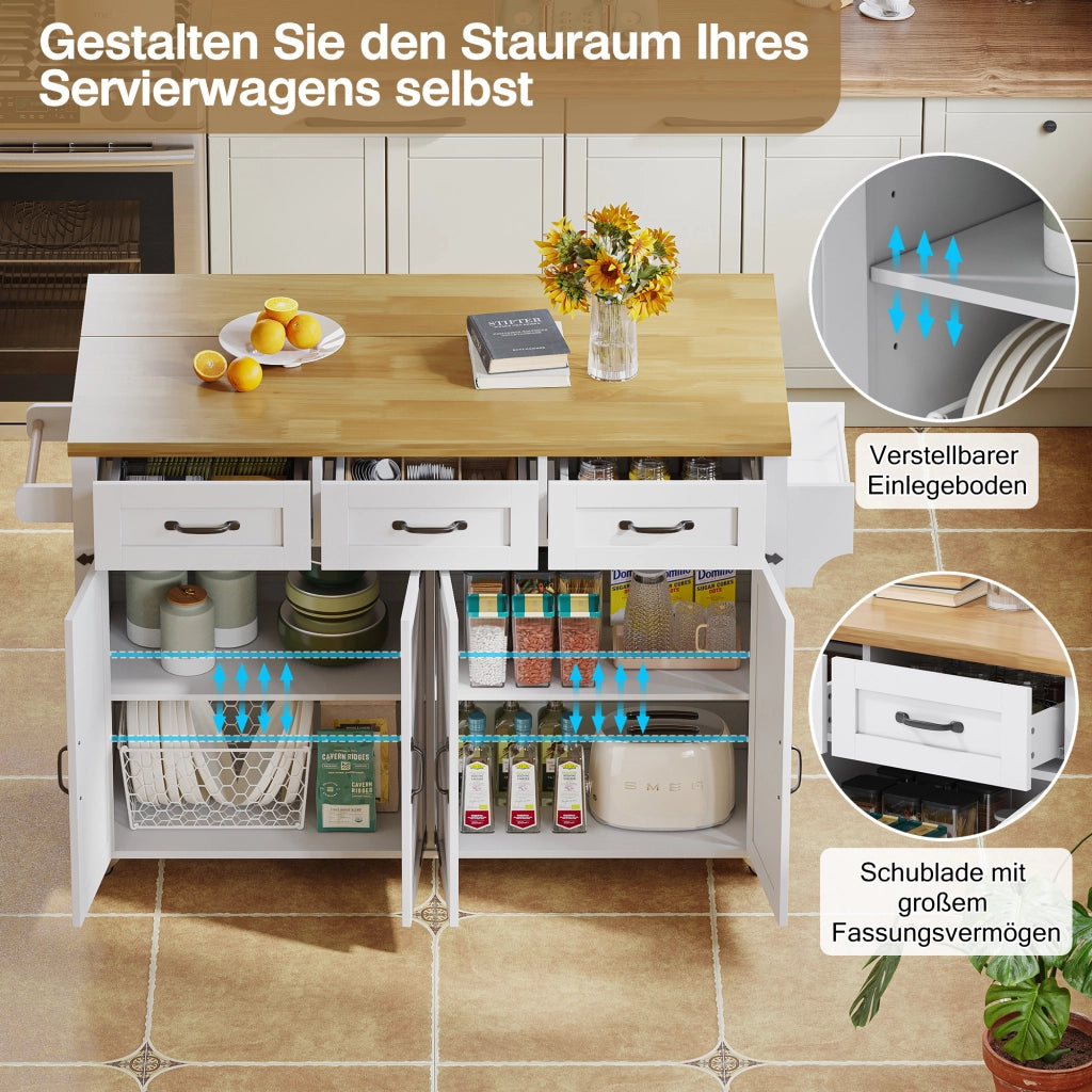 Carrello da Cucina con 4 Ante e 3 Cassetti; Piano Ribaltabile e Portaasciugamani; in MDF; 140x43(70)x90.5 cm