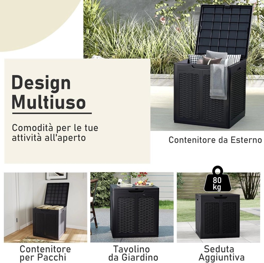 Baule da Esterno 145 L, Cassapanca Contenitore Impermeabile con Effetto Rattan, Coperchio Bloccabile e Maniglie, per Giardino, Patio e Piscina, 56 x 56 x 60,5 cm (Nero)